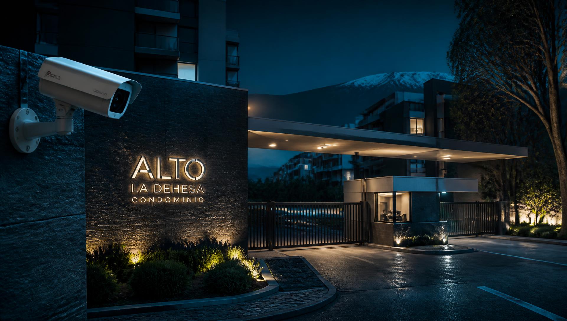Acceso de condominio protegido con cámaras de seguridad de noche